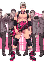 5boys abs backpack backwards_baseball_cap bara baseball_cap black_underwear cellphone clothed gay headphones human male male_nipples male_only maorenc multiple_boys panties_aside partially_clothed penis pink_eyes skateboard solo_focus taking_picture underwear yaoi