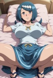 1girl ai_generated bare_legs barefoot bed bed_sheet blue_eyes blue_footwear blue_hair blue_skirt blush border breasts bright_pupils collarbone covered_nipples feet flip-flops freckles full_body hair_ornament head_on_pillow hexogen indoors lana's_mother_(pokemon) large_breasts long_hair looking_at_viewer lying mature_female no_sclera nose_blush on_back on_bed parted_lips pillow pokemon sandals shiny_skin shirt short_sleeves skirt smile solo spread_legs squatting striped_skirt swept_bangs t-shirt thighs toes white_pupils white_shirt yellow_ribbon