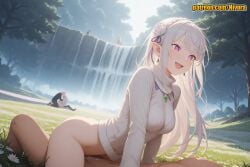 1boy 2boys 2girls 3girls ai_generated blush bottomless braid breasts clothed_sex cowgirl_position crown_braid cum cum_in_pussy cum_overflow day earrings elf emilia_(re:zero) flower forest girl_on_top grass hair_flower hair_ornament hair_ribbon happy_sex hetero jewelry large_breasts long_hair long_sleeves medium_breasts multiple_boys multiple_girls nature nivora nude open_mouth outdoors patreon pointy_ears pubic_hair purple_eyes purple_ribbon re:zero_kara_hajimeru_isekai_seikatsu ribbon sex silver_hair sitting sky smile solo_focus straddling sweater tree vaginal water waterfall white_flower white_hair white_rose white_sweater x_hair_ornament