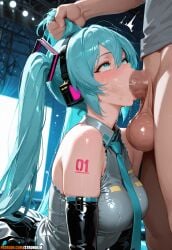 1boy 1girl ai_generated anime aqua_eyes aqua_hair aqua_necktie artist_name bare_shoulders black_skirt blush breasts censored deepthroat detached_sleeves fellatio grabbing_another's_hair grey_shirt hatsune_miku headphones hetero hi_res high_quality high_resolution highres irrumatio long_hair miku_hatsune mosaic_censoring necktie oral patreon patreon_logo patreon_url patreon_username penis shirt skirt solo_focus strunikim tattoo tears testicles twintails vocaloid watermark