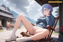 1girl ai_generated alternate_costume architecture blue_eyes blue_hair blue_sky blue_sweater blush breasts building chair closed_mouth cloud cloudy_sky day east_asian_architecture eyes_visible_through_hair flower flower_knot full_body hair_ornament hair_over_one_eye hair_ribbon jacket knee_up large_breasts legs long_sleeves looking_at_viewer medium_breasts mosaic_censoring mountain mountainous_horizon nivora no_panties no_pants on_chair outdoors panties patreon pussy railing re:zero_kara_hajimeru_isekai_seikatsu red_flower red_rose rem_(re:zero) ribbed_sweater ribbon rose shoes short_hair short_shorts shorts sitting sky smile sneakers socks solo spread_legs sweater table thighs torn_clothes track_jacket tree turtleneck_sweater uncensored underwear white_footwear white_legwear white_panties white_shorts white_socks x_hair_ornament