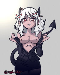 breasts demon demon_girl edit edited flashing heart-shaped_pupils helltaker looking_at_viewer modeus_(helltaker) ogi_sifer on_model source_request tagme undressing white_hair