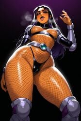 ai_generated alien alien_girl blackfire blackfire_(teen_titans) breasts dark_hair dark_purple_hair dc dc_comics faprunner78 fishnets goth_makeup hips long_hair looking_at_viewer natural_breasts nipples orange_skin purple_eyes slim_female slim_waist small_breasts teen_titans thick_thighs thighs tongue_out villainess waist wide_hips