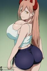 1female 1girl 1girls 2026 ai_generated alternate_breast_size artist_name ass bare_shoulders big_ass big_breasts breasts chainsaw_man cleavage cross-shaped_pupils curvy demon_horns dolphin_shorts from_behind gradient gradient_background green_background hair_between_eyes hi_res high_quality high_resolution highres horns huge_ass huge_breasts large_breasts long_hair looking_at_viewer looking_back patreon patreon_username pink_hair power_(chainsaw_man) red_horns short_shorts shorts smile solo symbol-shaped_pupils tank_top unjobdespiert watermark web_address yellow_eyes