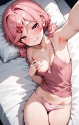 1girls ai_generated blush breasts doki_doki_literature_club female jeff_ddlc natsuki_(doki_doki_literature_club) nipples one_breast_out panties pigtails pink_eyes pink_hair selfie small_breasts solo striped_panties