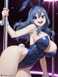 ai ai_art ai_generated big_breasts blue_eyes blue_hair blush bunny_costume bunny_ears bunny_girl bunny_tail bunnysuit cleavage club club_background dancer dancing empty_eyes fairy_tail happy hip_sway huge_breasts juvia_lockser long_hair omega_weirdo pale-skinned_female pole pole_dancer pole_dancing sideboob smile smiling solo solo_female solo_focus wavy_hair