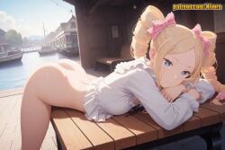 1girl ai_generated arched_back ass beatrice_(re:zero) bench bent_over blonde_hair blouse blue_eyes blue_sky blush boat bottomless bow breasts building closed_mouth crossed_arms day dock drill_hair frilled_shirt frilled_sleeves frills from_side hair_bow hair_ribbon indoors leaning_forward long_hair long_sleeves looking_at_viewer lying nivora on_stomach outdoors parted_bangs patreon pink_bow puffy_sleeves re:zero_kara_hajimeru_isekai_seikatsu ribbon shirt sidelocks sky small_breasts solo symbol-shaped_pupils thighs twin_drills twintails water watercraft white_shirt