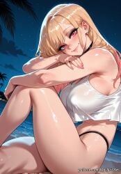 1girl 1girls 2026 ai_generated anime bangs beach bikini bikini_bottom_only black_bikini black_choker blonde_hair blush boobs breasts choker cleavage covered_nipples crop_top crossover ear_piercing earrings eye_contact female female_focus flushed from_side gradient_hair highres huge_breasts jewelry kitagawa_marin large_breasts lips long_hair looking_at_viewer marin_kitagawa multicolored_hair my_dress_up_darling night night_sky nsfw ocean outdoors patreon piercing pink_eyes pink_nails red_eyes rognezart see-through shiny shiny_skin sitting sky smile smiling solo sono_bisque_doll_wa_koi_wo_suru star_(sky) swimsuit thick_thighs thighs very_long_hair water wet