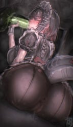 1girl absurdres angry animal_penis apron ass autreeyah back-seamed_legwear bestiality blush censored closed_eyes commentary ellen_joe english_commentary ethereal_(zenless_zone_zero) fellatio fins fish_tail from_behind highres horse_penis interspecies maid maid_apron monster_boy mosaic_censoring oral penis seamed_legwear shark_girl shark_tail struggling tail zenless_zone_zero zoophilia