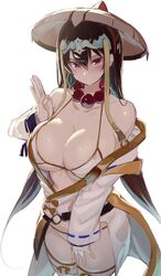 bikini_top blush cleavage dark_hair fate/grand_order fate_(series) greatmosu grin hair_ornament hat huge_breasts large_breasts long_hair looking_at_viewer monk open_clothes panties red_eyes robe smile thighhighs thighs xuanzang_(fate)