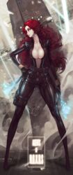 1girls artist_request ass barely_contained_breasts big_ass big_breasts black_widow_(marvel) blue_eyes breasts cleavage duto female fusion katarina_du_couteau league_of_legends long_hair marvel marvel_comics natasha_romanoff pussy red_hair riot_games sideboob suit unzipped_bodysuit zipper_pull_tab