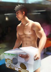 1boy bara cock_ring dick_in_a_box erection male_only muscular_male nipple_piercing tagme undercut yaoi