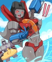 !! bikini breasts decepticon duck female genderswap grey_skin hips inflatable legs lightsource male megatron ocean open_mouth plane purple_eyes red_eyes robot robot_boy robot_girl rule_63 starscream thighs tongue transformers victory_pose water water_gun