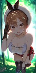 amber_eyes atelier_(series) atelier_ryza bent_over big_breasts cleavage gloves greatmosu hairclip hand_on_knee hat looking_at_viewer open_mouth reisalin_stout short_hair smile sweat sweatdrop thick_thighs thighhighs thighs