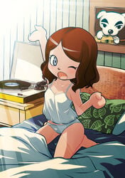 animal_crossing animal_crossing_girl bed bedroom brown_hair canine cleavage clothing female k.k._slider mob_face muramasa_mikado murana_(muramasa_mikado) nintendo only_player panties small_breasts solo tank_top villager_(animal_crossing) waking_up