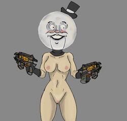 casual edited female firearm guns handgun headwear human mascot_head n-kun nude the_outer_worlds weapon