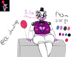 anthro balloon big_breasts black_hat blue_eyes bow_tie breasts crossgender desesperadoleon dress_shirt english_text female five_nights_at_freddy's five_nights_at_freddy's:_security_breach glasses hat helpy huge_breasts joints multicolored_body overweight overweight_female pink_body purple_inner_ear rule_63 sister_location sitting solo stitch_(disambiguation) text thick_thighs top_hat white_body