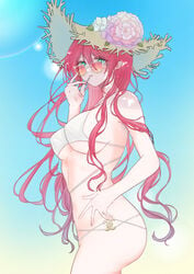 1girls adjusting_eyewear adjusting_glasses aqua_eyes ass azur_lane bangs bare_shoulders bikini blue_sky breasts commentary_request day erect_nipples eyebrows_behind_hair female female_focus female_only flower flower_hat hair_between_eyes halterneck hat highres large_breasts long_hair long_sleeves looking_at_viewer looking_over_eyewear looking_over_glasses midriff navel orange-tinted_eyewear orange-tinted_glasses parted_lips red_hair red_nails sheer_clothes sidelocks skindentation sky solo standing straw_hat sun_hat sunglasses surcouf_(azur_lane) surcouf_(loisirs_balneaires)_(azur_lane) swimsuit tagme thighs tinted_eyewear very_long_hair white_bikini yellow-framed_eyewear