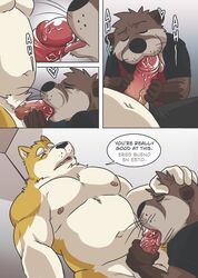 absurd_res anthro balls biceps biped bodily_fluids canid canine canis closed_eyes clothed clothed/nude clothed_male_nude_male clothing comic domestic_dog duo english_text erection fangs fellatio foreskin gabshiba genital_fluids genitals hand_on_head hi_res humanoid_genitalia humanoid_penis larger_male licking looking_pleasured male male/male mammal musclegut muscular muscular_male mustelid navel nipples nude oral oral_penetration overweight overweight_male pecs penetration penile penis penis_lick precum pubes retracted_foreskin saliva saliva_on_penis sex shiba_inu size_difference smaller_male spanish_text spitz text tongue tongue_out translated uncut whiskers