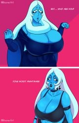 1futa 1girls blue_diamond_(steven_universe) blue_eyes blue_hair blue_skin cartoon_network cleavage clothed clothing dialogue diamond_authority duo english_text female fully_clothed futanari gem_(species) huge_breasts humanoid inverted_cross_earrings long_hair rocner size_difference standing steven_universe text