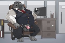 2020 3:2 anthro balls black_body bluewhale127 chair clothing detailed_background furniture genitals hi_res humanoid_hands inside kemono male male_only necktie overweight overweight_anthro overweight_male penis shirt sitting solo topwear