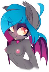 1girls anthro anthrofied bat_pony bat_wings blush breasts choker dusk_desire ear_tuft equine fan_character fangs female female_only furry grey_fur looking_at_viewer membranous_wings milkibee my_little_pony open_mouth small_breasts smile solo two_tone_hair wings