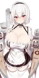 azur_lane big_breasts choker cleavage dress greatmosu hairband hand_on_chest huge_breasts looking_at_viewer maid open_mouth pale-skinned_female pale_skin red_eyes short_dress short_hair sirius_(azur_lane) thighhighs white_hair