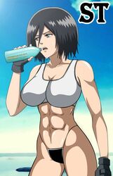 1girls abs attack_on_titan black_hair clothed clothed_female clothes clothing dark_hair edit female female_only fit fit_female fully_clothed gloves grey_eyes human human_only mikasa_ackerman mma_gloves revealing_clothes solo sports_bra steca thelazyart thong toned toned_female uncensored