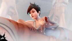 1girls 3boys 3d brown_hair comrade_shy cum female handjob male overwatch penis short_hair straight tracer