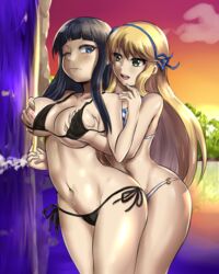 2girls bangs bikini black_bikini black_hair blonde_hair blue_eyes breast_grab breasts breasts_out green_eyes groping groping_breasts groping_from_behind hair_ribbon ikaruga_(senran_kagura) katsuragi_(senran_kagura) large_breasts leonart long_hair multiple_girls nature navel nipples o-ring o-ring_bikini one_eye_closed open_mouth outdoors ribbon senran_kagura side-tie_bikini sidelocks striped striped_bikini sunset swimsuit water waterfall wide_hips yuri