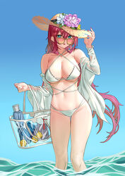 absurdres aqua_eyes azur_lane bag bangs bare_shoulders bikini blue_sky breasts carrying_bag cleavage collarbone commentary_request cowboy_shot day eyebrows_behind_hair female flower flower_hat groin hair_between_eyes halterneck hand_up handbag hat highres jacket kyon_kyon_kyo large_breasts long_hair long_sleeves looking_at_viewer looking_over_eyewear looking_over_glasses manjuu_(azur_lane) midriff nail_polish navel ocean off-shoulder_jacket orange-tinted_eyewear orange-tinted_glasses parasol parted_lips red_hair red_nails sheer_clothes shoulder_bag sidelocks skindentation sky solo standing straw_hat sun_hat sunglasses surcouf_(azur_lane) surcouf_(loisirs_balneaires)_(azur_lane) swimsuit thighs tinted_eyewear umbrella very_long_hair wading white_bikini white_jacket yellow-framed_eyewear