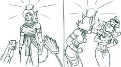 aladdin anthro bottomless breasts clothed clothing comic crossover disney domestic_cat felid felina_feral feline felis female genitals hanna-barbera hi_res humor mammal midriff mirage_(aladdin) monochrome muscular muscular_female nipples punch pussy redout swat_kats topless worship