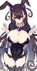 big_breasts bunny_ears bunny_girl bunnysuit cleavage curly_hair curvy dark_hair fate/grand_order fate_(series) greatmosu hair_ornament huge_breasts long_hair looking_at_viewer mature_female midriff murasaki_shikibu_(fate) pale-skinned_female pale_skin purple_eyes thick_thighs thighhighs thighs wide_hips