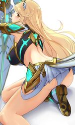 1girls 2020 ass back bare_back bare_shoulders blonde_hair blush breasts detached_sleeves female highres hikari_(xenoblade_2) ippers large_breasts long_hair looking_at_viewer looking_back miniskirt mythra nintendo panties shiny shiny_hair shiny_skin sideboob skirt solo tagme underwear upskirt very_long_hair xenoblade_(series) xenoblade_chronicles_2 yellow_eyes