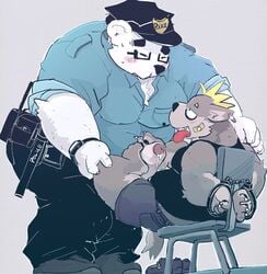 2020 anthro belly blush bottomwear chair closed_eyes clothing dumdum duo erection eyewear foot_fetish foot_play footjob fur furniture genitals glasses hat headgear headwear hi_res humanoid_hands kemono male male/male mammal overweight overweight_male pants penis polar_bear police police_hat police_uniform sex shirt shorts sitting tongue tongue_out topwear uniform ursid ursine white_body white_fur