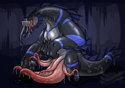 absurd_res aquatic_dragon arm_fin big_muscles big_penis blue_stripes bodily_fluids cave claws dragon dripping drippy drooling erection fin fish genital_fluids genitals gills hexaphallia hi_res huge_cock humanoid hyper hyper_genitalia hyper_penis long_tongue male male_only marine monster multi_genitalia multi_penis muscular nethgoorat penis penis_on_ground penis_tentacles precum prehensile_penis saliva sea_monster slime solo spiked_fists spine_frills stripes sweat tentacle thick_tail tongue tongue_out tusks