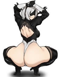 1girls ass big_ass breasts female female_only houtengeki looking_back nier nier:_automata sideboob small_breasts solo spread_legs squatting thighhighs yorha_2b