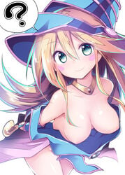 ? areola areola_slip bare_shoulders blonde_hair blush blush_stickers boots breasts chipa_(arutana) dark_magician_girl down_blouse duel_monster eyebrows_visible_through_hair female foreshortening from_above green_eyes hair_between_eyes hat highres long_hair looking_at_viewer medium_breasts nipples shiny_skin smile solo spoken_question_mark staff thighs wardrobe_malfunction white_background wizard_hat yu-gi-oh!