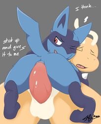 1boy absurd_res ambiguous_gender anal anal_sex antennae anthro anthrofied anus black_body black_fur blue_body blue_fur canine cowgirl_position dialogue dragon dragonite duo english_text feet fur furry half-closed_eyes hi_res interspecies larger_male looking_at_viewer lucario male nintendo on_top paws penetration penis pokemon pokemon_(species) pokemon_dppt pokemon_rgby power_bottom rear_view saljidark scalie sex size_difference testicles text video_games watermark