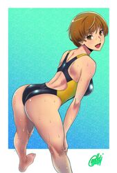 1girls ass atlus bending_over brown_hair gentle_sasaki leaning_forward one-piece_swimsuit persona persona_4 satonaka_chie short_hair smile solo swimsuit tomboy very_short_hair wet