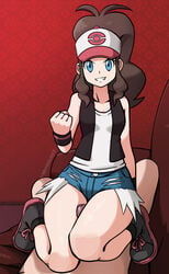 1boy 1girls aged_up baseball_cap blue_eyes boots breasts brown_hair clenched_fist clothed clothed_female clothed_female_nude_male daisy_dukes determination determined eye_contact female game_cg hat hilda_(pokemon) human laced_boots long_hair looking_at_viewer male male_pov mosbles naked nintendo nude nude_male penis pokemon pokemon_bw ponytail pov shirt shoes shorts small_breasts squatting straddling sumata_cafe text thick_thighs thigh_sex vest watermark wide_hips