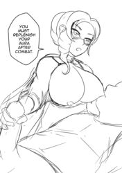 1boy 1girls aikiyun breast_sucking breasts glasses glynda_goodwitch handjob milking monochrome nipples nursing_handjob rwby sketch source_request stroking stroking_penis text