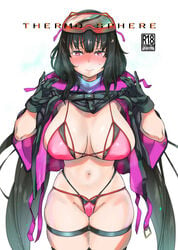 bangs bare_shoulders bikini black_gloves black_hair black_jacket blush breasts cleavage cover cover_page doujin_cover fate/grand_order fate_(series) female gloves goggles goggles_on_head jacket large_breasts long_hair long_sleeves looking_at_viewer low_twintails multi-strapped_bikini navel open_clothes open_jacket osakabe-hime_(fate) osakabe-hime_(swimsuit_archer) pink_bikini purple_eyes sharekoube ski_goggles smile solo sweat swimsuit thigh_strap thighs twintails very_long_hair white_background