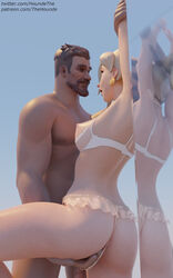 1boy 3d blonde_hair breasts female imminent_penetration light-skinned_female light-skinned_male lingerie male mercy naked nude overwatch pussy reaper small_breasts straight surprised tanned_skin thehounde white_lingerie