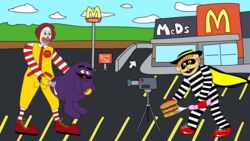 3boys big_penis camera carpark cum cum_in_pussy cumshot drive_thru gay grimace_(mcdonald's) grover hamburger hamburglar height_difference male mcdonald's penis ronald_mcdonald vaginal_penetration