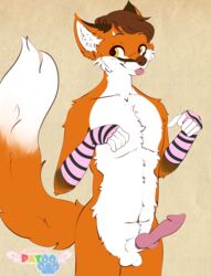 absurd_res angel_patoo anthro canid canine clothing erection fox girly handwear happy headshot hi_res knot male male/male mammal nude paws penis raffle solo tongue tongue_out