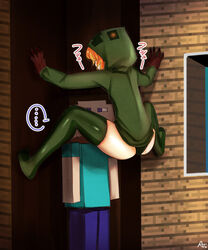 ... 1boy 1girls 2012 adult artist_name ass at2. bare_arms black_panties blue_eyes blush brown_hair cicada_block commission creeparka creeper creeper_girl cupa day eye_contact female gloves green_clothing green_panties hood hoodie human humanoid indoors looking_at_each_other male male/female meme minecraft mob_talker monster_girl orange_hair outside panties pants personification shirt short_hair signature spoken_ellipsis spread_legs steve_(minecraft) thick_thighs thighhighs thighs underwear window wood wooden_wall zettai_ryouiki