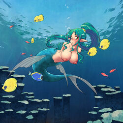 1:1 amputee armless breasts bubble disability female fish gammatelier genitals green_eyes green_hair group hair humanoid_pointy_ears long_hair marine merfolk mermaid nipples nude ponytail pussy underwater water