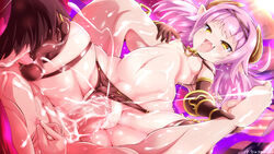 1boy 1girls amazon_position areolae bikini_armor censored cowgirl_position cute_fang demon_girl demon_horns elbow_gloves feet female femdom foot_lick geroika gloves hairband half-closed_eyes happy_sex highres horns leg_grab long_hair looking_pleasured male nipples open_mouth panties panties_aside penetration penis pink_hair pointy_ears pussy pussy_juice rivuru_(sennen_sensou_aigis) saliva sennen_sensou_aigis sex shortstack size_difference small_breasts smaller_female soles straddling straight sweat thick_thighs thigh_strap thighhighs thighs tongue tongue_out vaginal_penetration wide_hips yellow_eyes