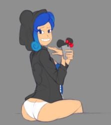 ass b1girls blue_eyes blue_hair channel-tan disney disney_channel female hoodie mickey_mouse_(cosplay) panties phone selfie simple_background sitting solo white_panties